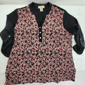 Diana Belle Woman Plus Size 1x Black w Floral Front ¾ sleeve popover blouse